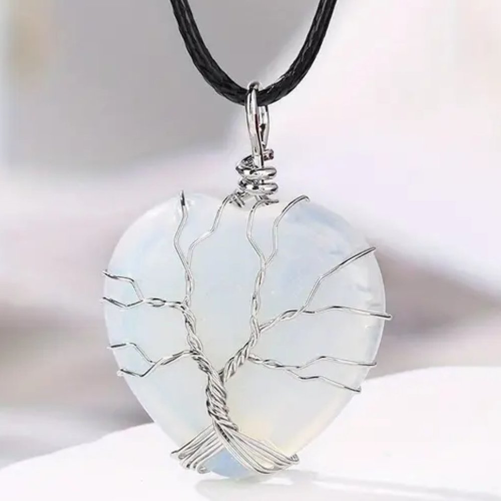 Heart Shaped Tree Of Life Wire Wrap Opal Glass Pendant